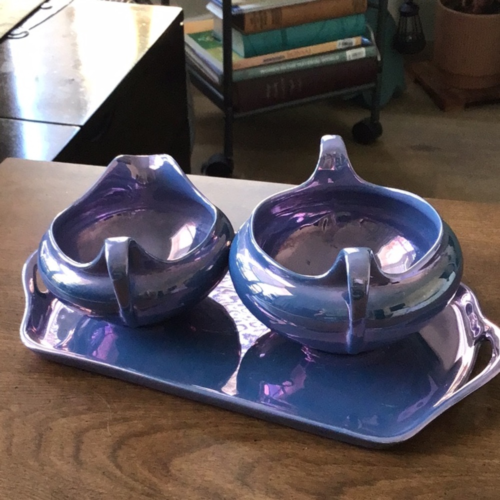Vintage Ohio Pottery Lustreware Creamer and Sugarbowl and Tray - Picture 2 of 15